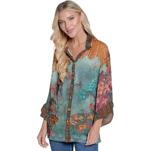 John Mark Floral Mixed Print Button Front Blouse Women's PL Colorful Boho  NEW